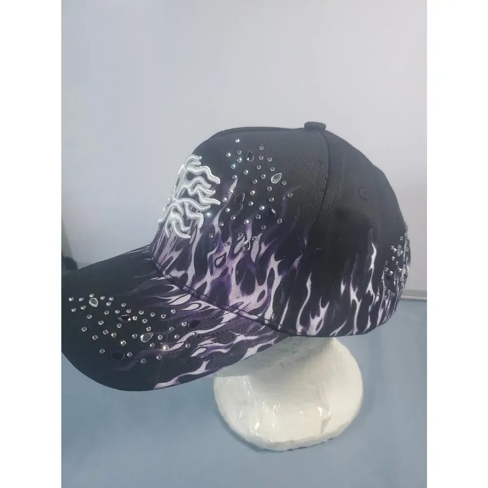 CASHED OUT HATS Purple Flame Black Purple Snapback Hat Skull Full Set COFLAMES